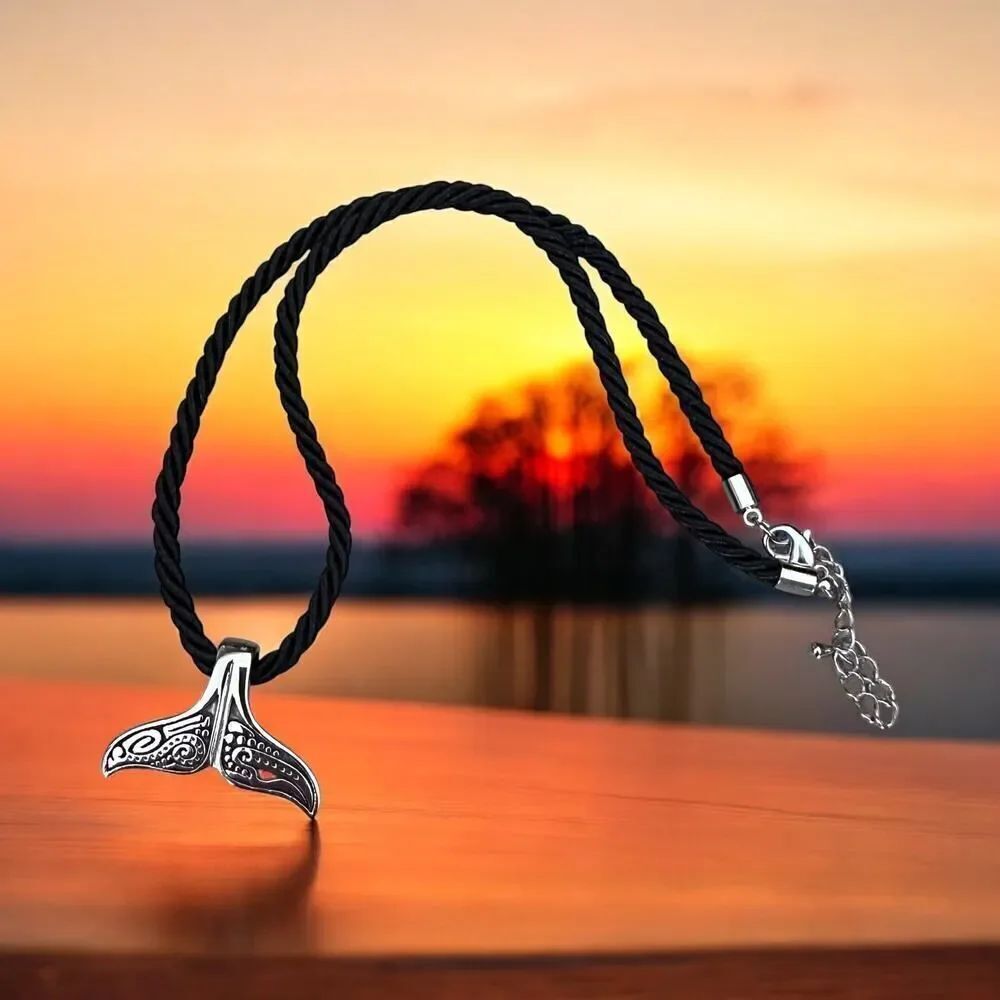 Tribal Whale Tail Pendant Necklace on Black Cord-Stainless Steel
